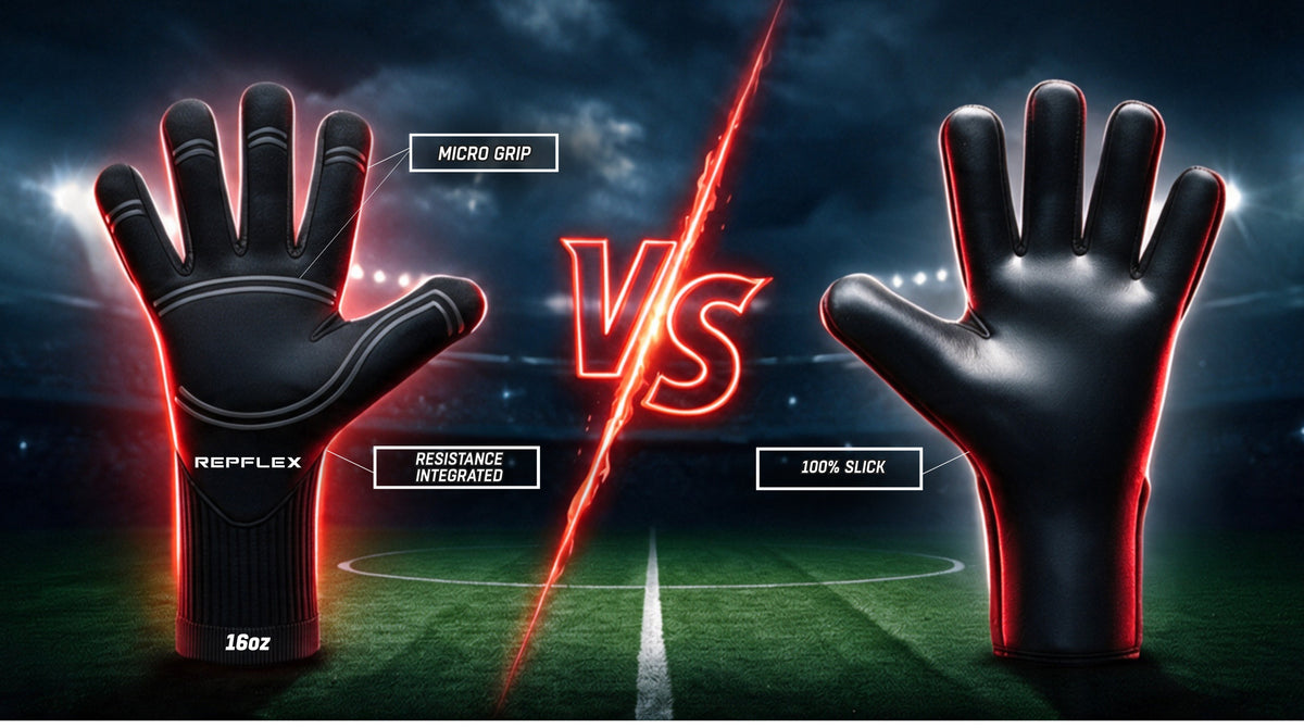 Comparison of no-grip goalkeeper gloves for training, showing the RepFlex TEKNIQ 16 oz weighted goalkeeper glove with micro-grip and integrated resistance versus a traditional 100% slick no-grip palm without resistance.