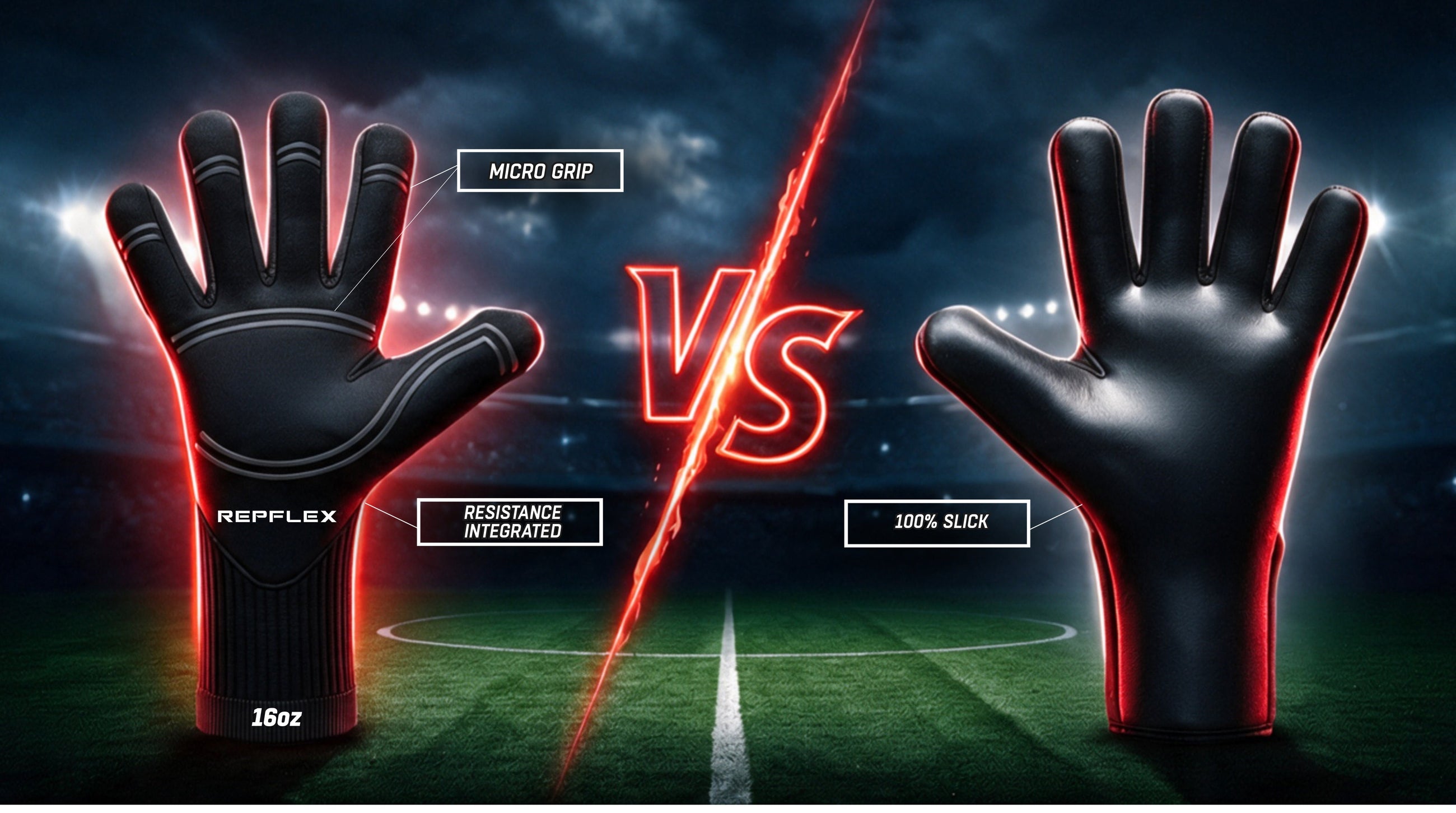 Comparison of no-grip goalkeeper gloves for training, showing the RepFlex TEKNIQ 16 oz weighted goalkeeper glove with micro-grip and integrated resistance versus a traditional 100% slick no-grip palm without resistance.