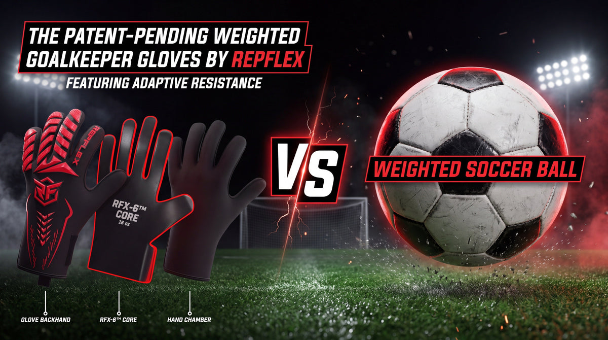 Image featuring RepFlex weighted goalkeeper gloves with an RFX-6™ CORE exploded view versus a weighted soccer ball for goalkeeper resistance training.
